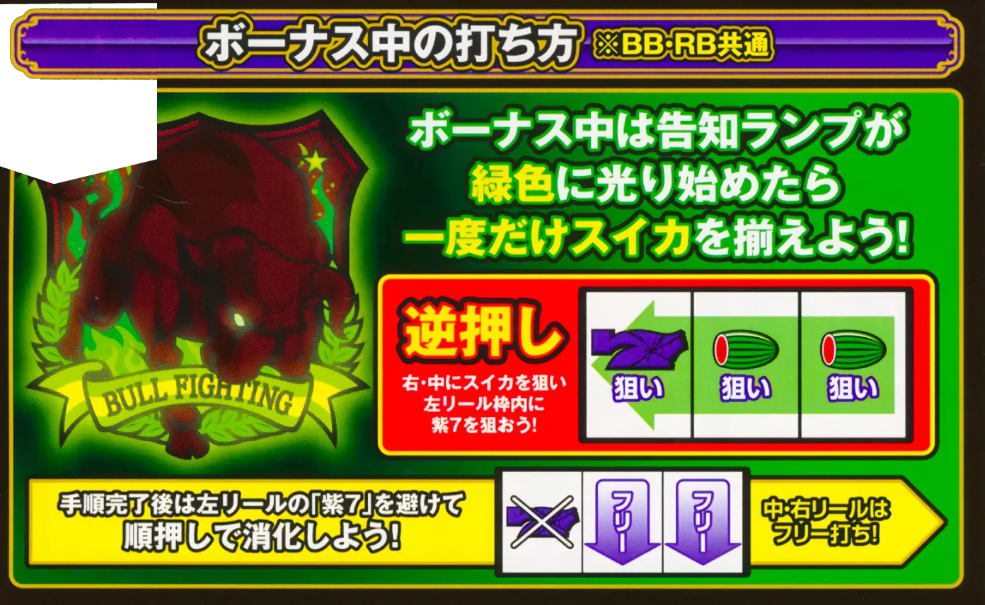 ボーナス中の打ち方 ※BB・RB共通 ボーナス中は告知ランプが緑色に光り始めたら一度だけスイカを揃えよう!